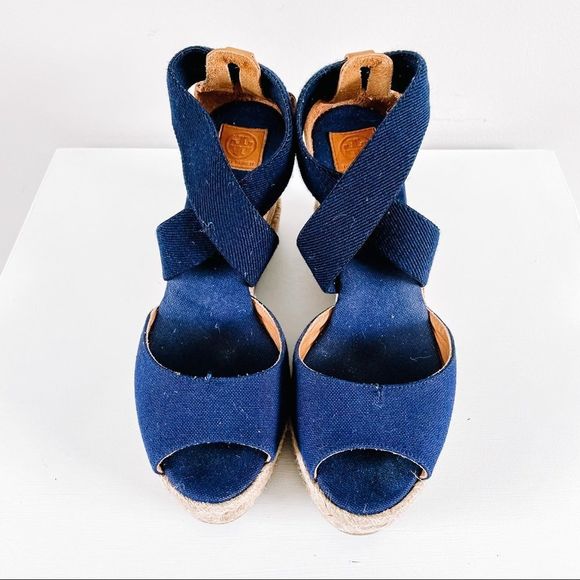 Tory Burch Wedges Navy Peep Toe Espadrille - Picture 4 of 9